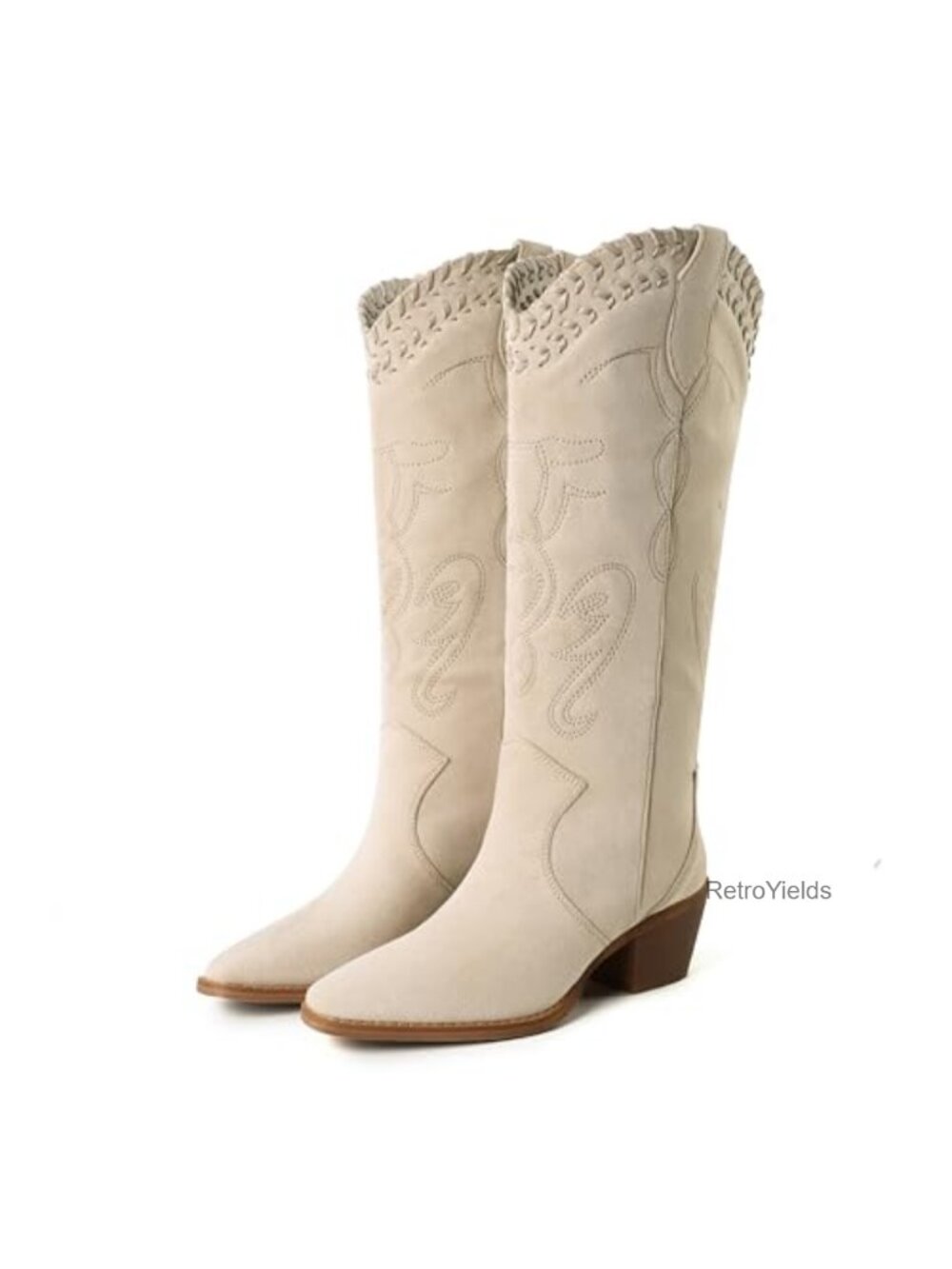 Suede PU Knee High Cowboy Boots Embroidered Chunky Heel